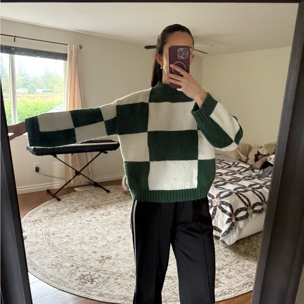 Green and White Checkered Sweater